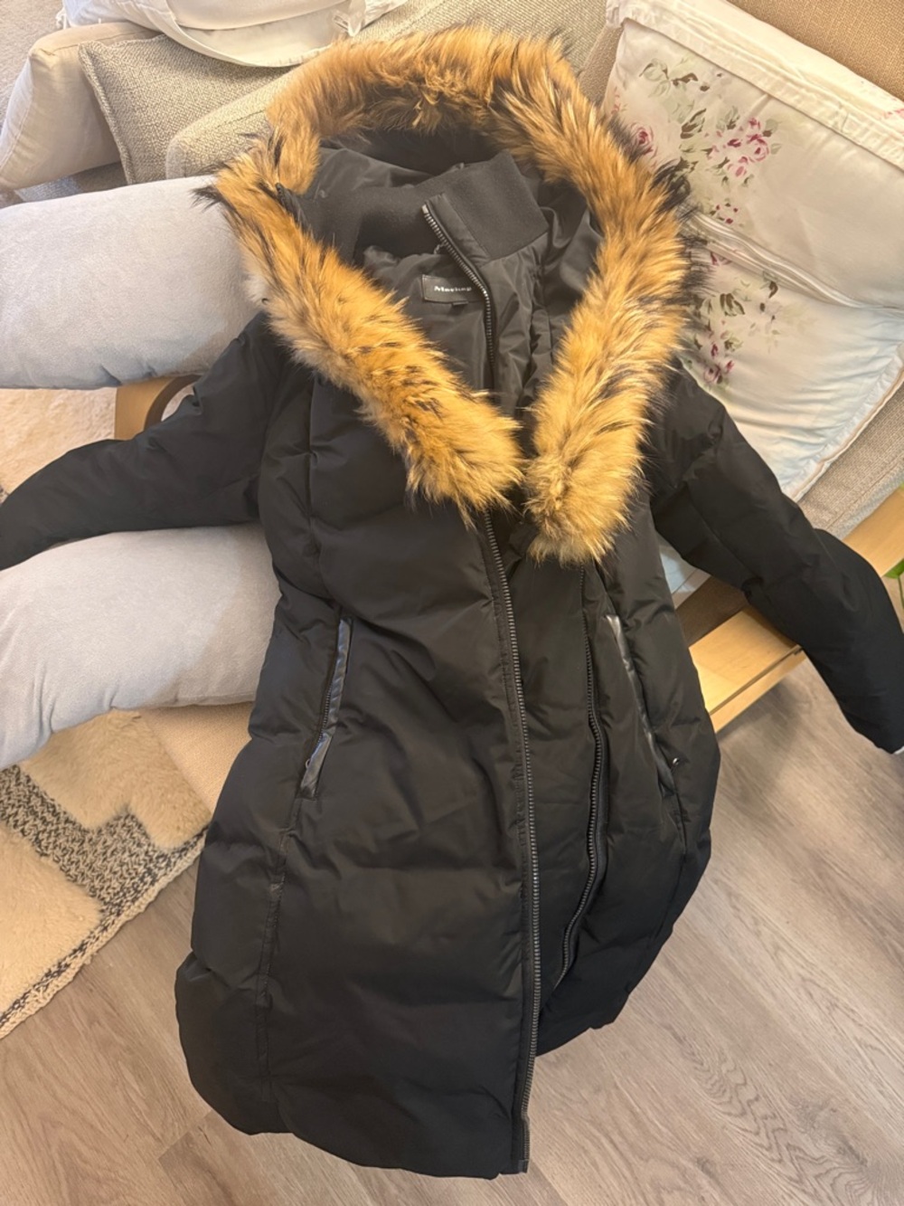 Mackage Black Puffer Coat with Golden-Brown Faux Fur Trim Hood